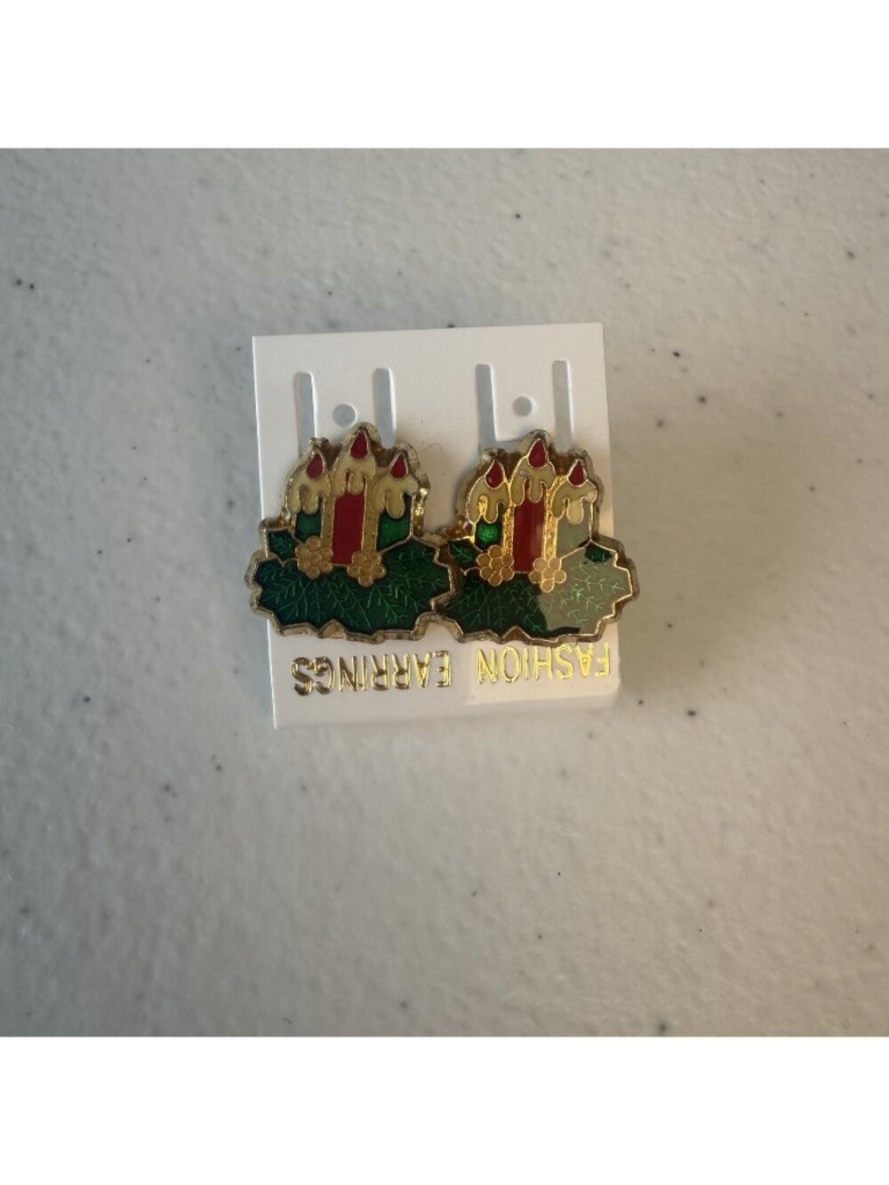 Vintage Christmas Candle Stud Earrings Holly Berries Leaves Enameled 80’s New